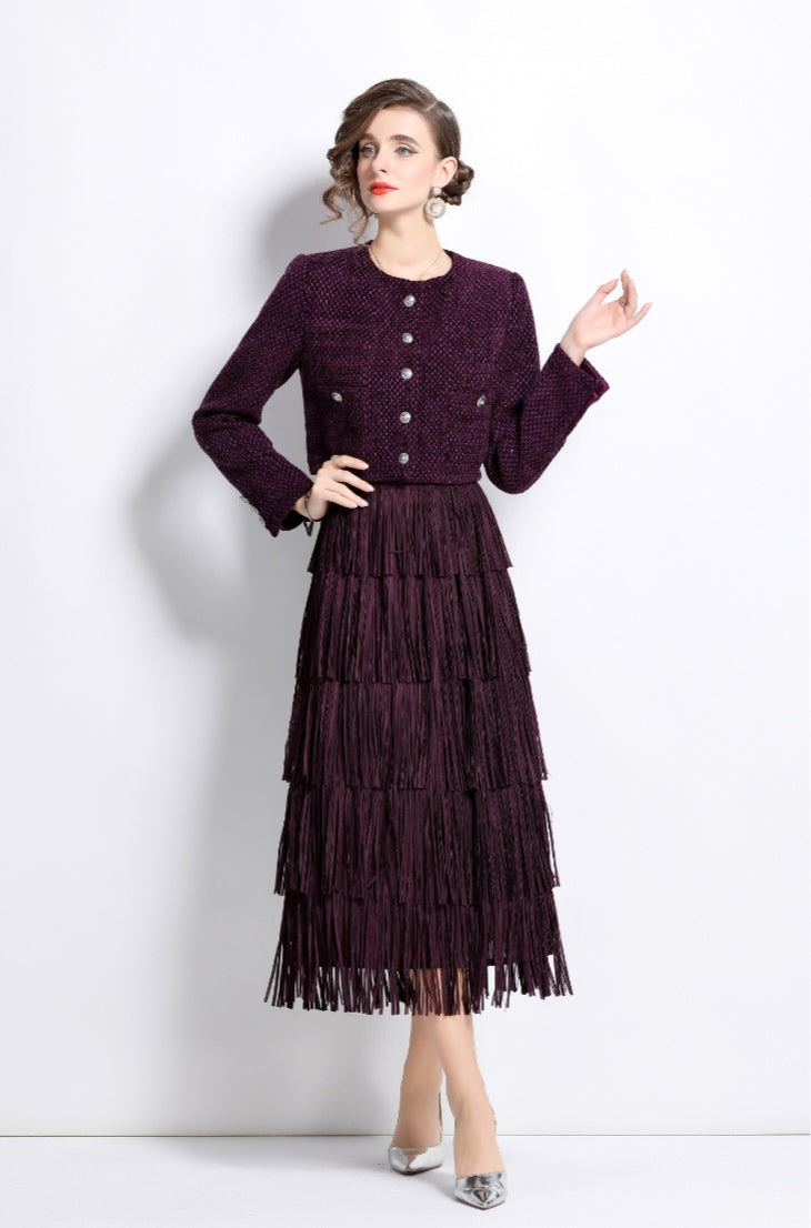Purple Cotton Tweed Jacket + Skirt Two Pieces Suit Set