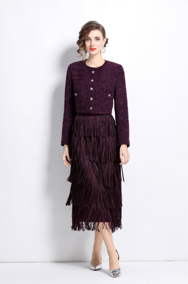 Purple Cotton Tweed Jacket + Skirt Two Pieces Suit Set