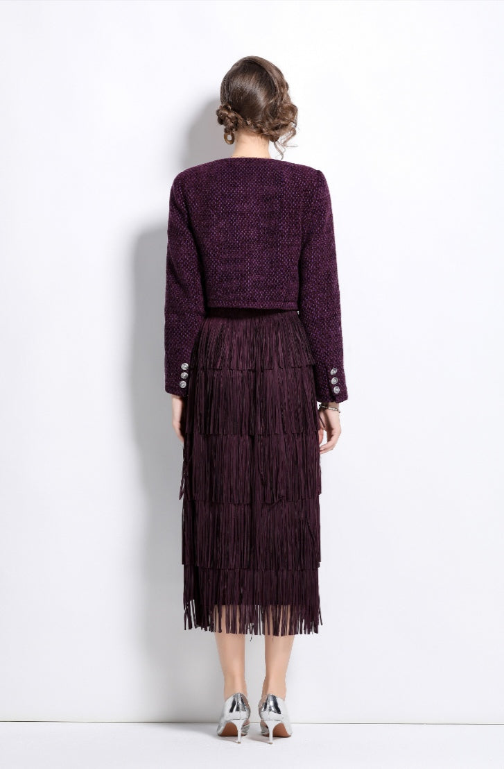 Purple Cotton Tweed Jacket + Skirt Two Pieces Suit Set