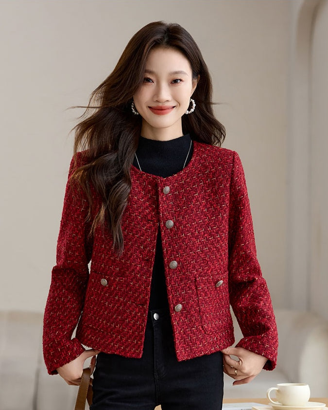 Red Plaid Tweed Short Women's Jacket