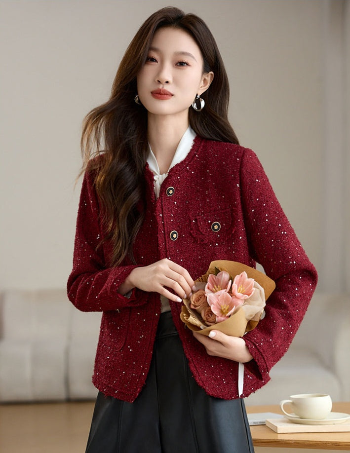 Shiny Red Cotton Tweed Women's Jacket