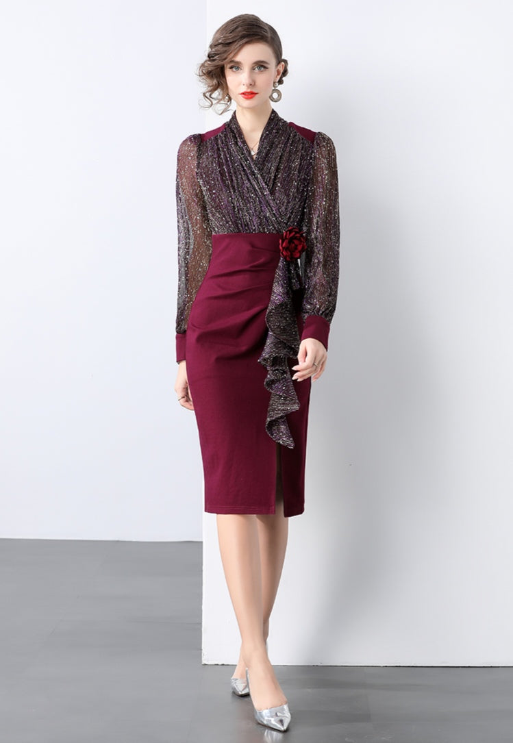 Retro Elegant V-neck Pleated Dress