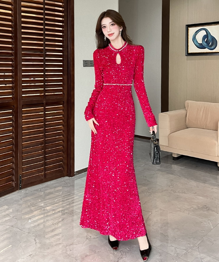 Long-sleeve Sequined Elegant Evening Dress