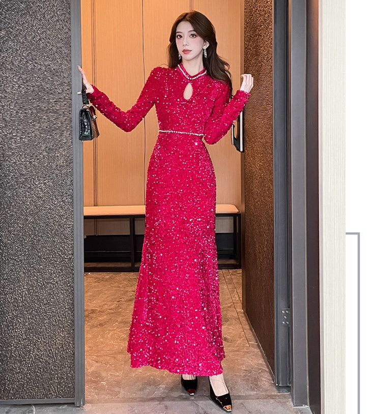 Long-sleeve Sequined Elegant Evening Dress