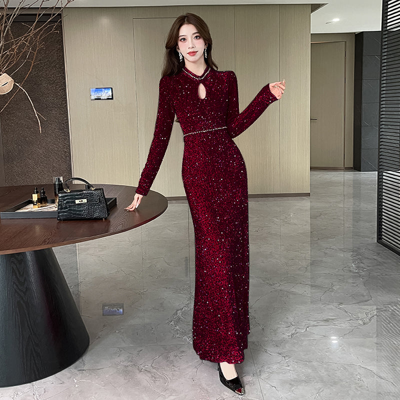 Long-sleeve Sequined Elegant Evening Dress