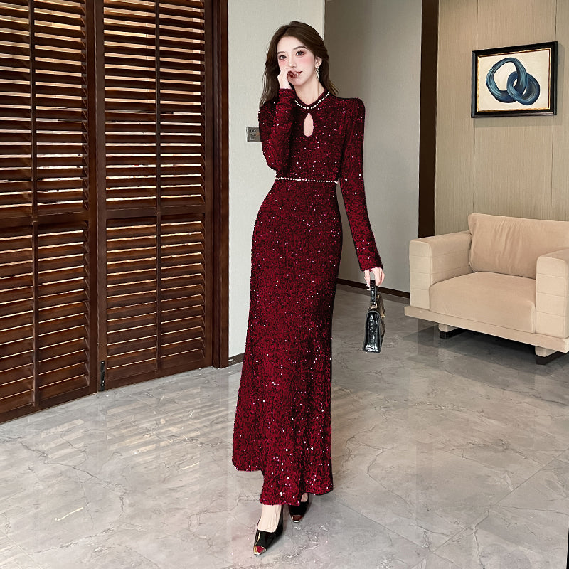 Long-sleeve Sequined Elegant Evening Dress