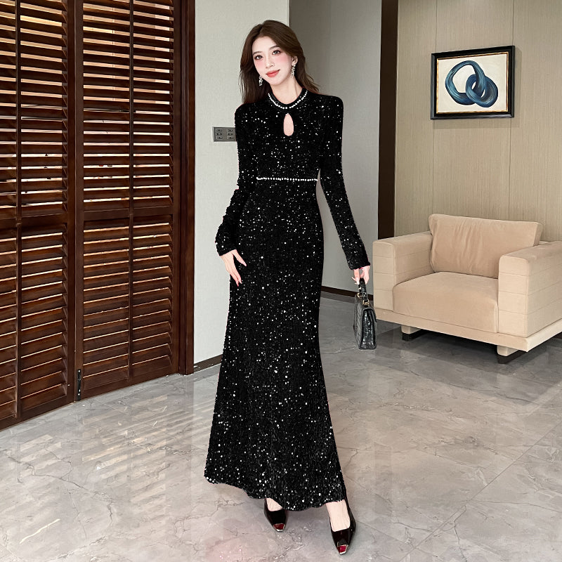 Long-sleeve Sequined Elegant Evening Dress