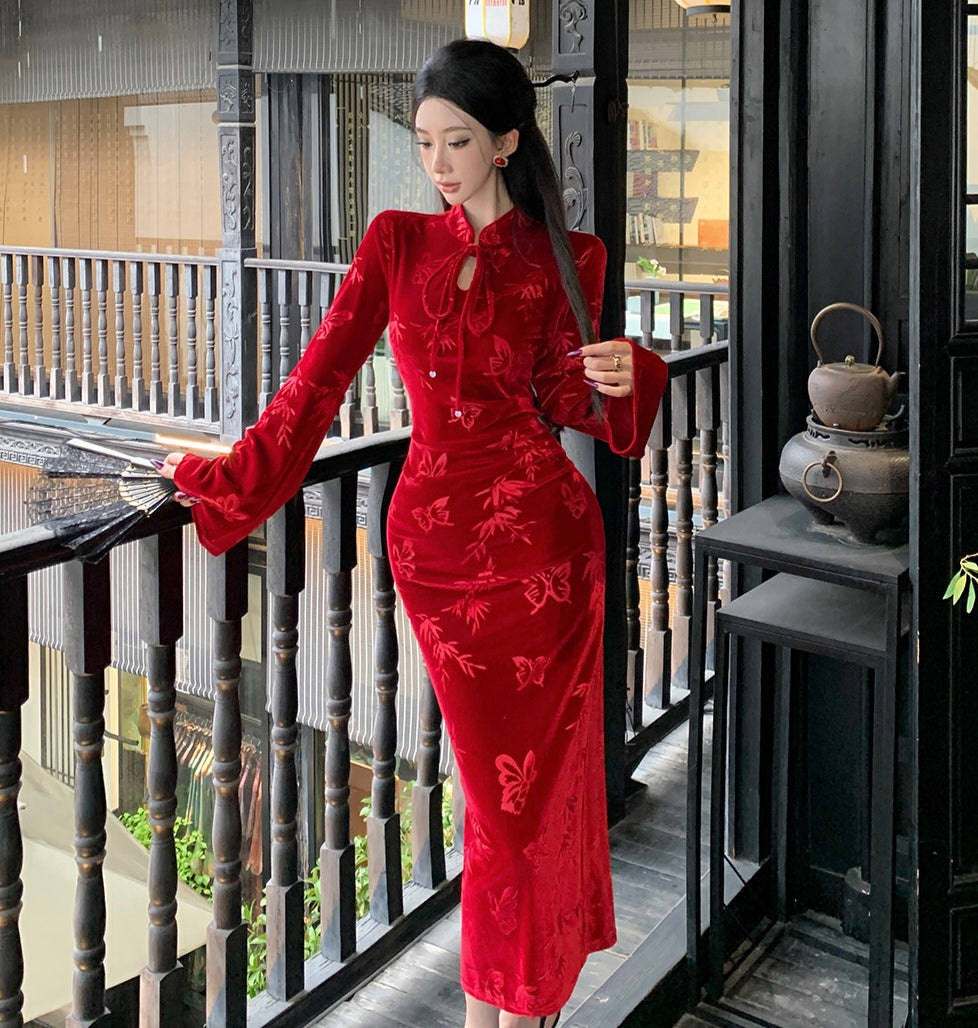 Red Velvet Cheongsam Slim Dress