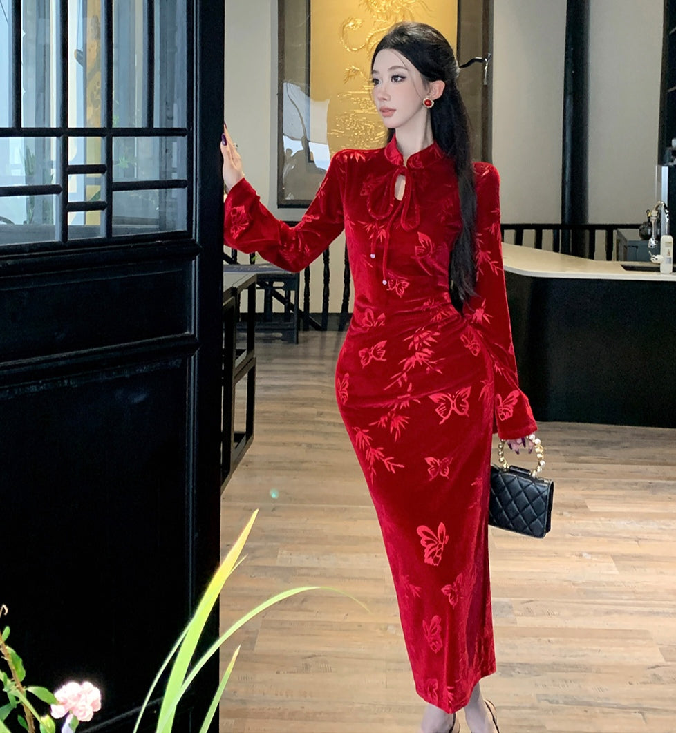 Red Velvet Cheongsam Slim Dress