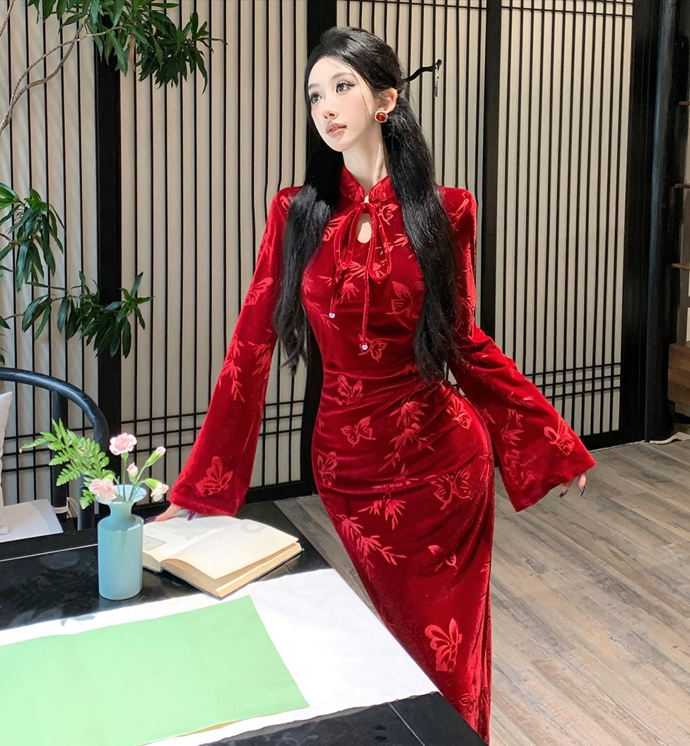 Red Velvet Cheongsam Slim Dress