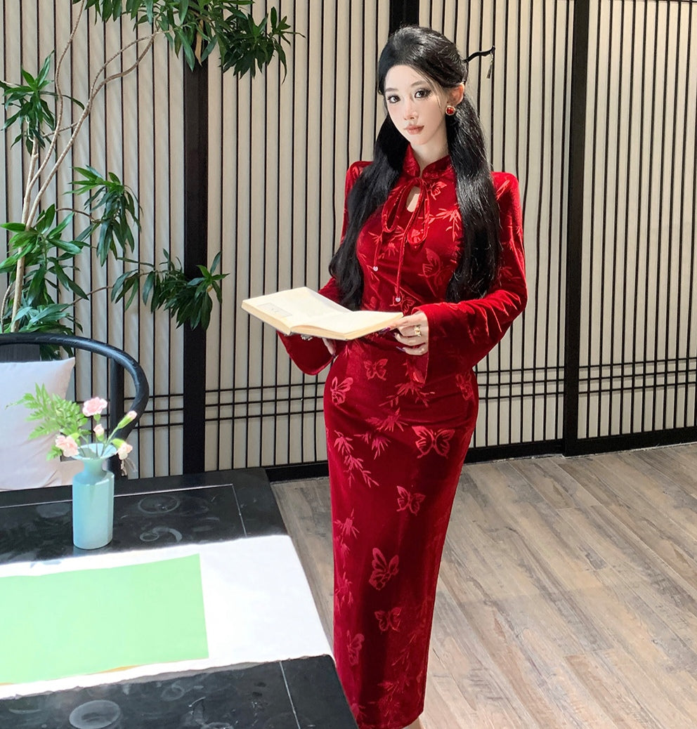 Red Velvet Cheongsam Slim Dress