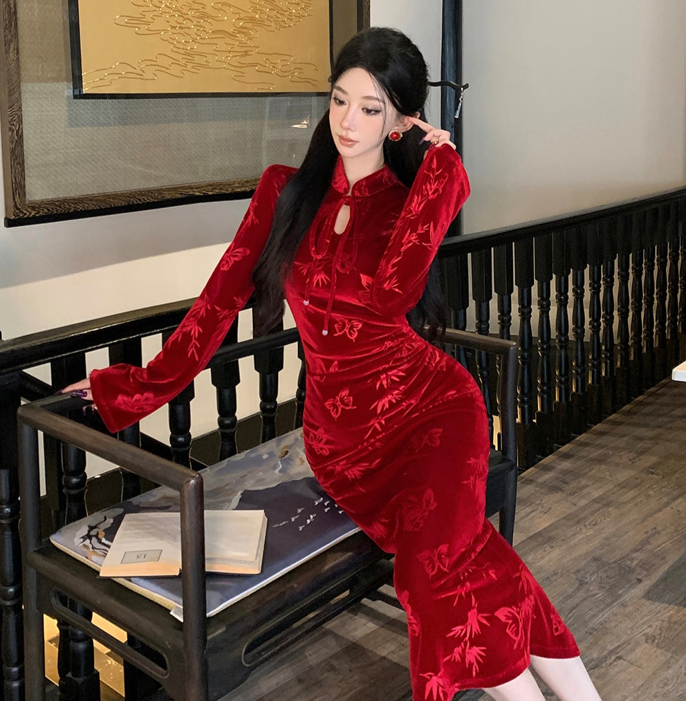 Red Velvet Cheongsam Slim Dress