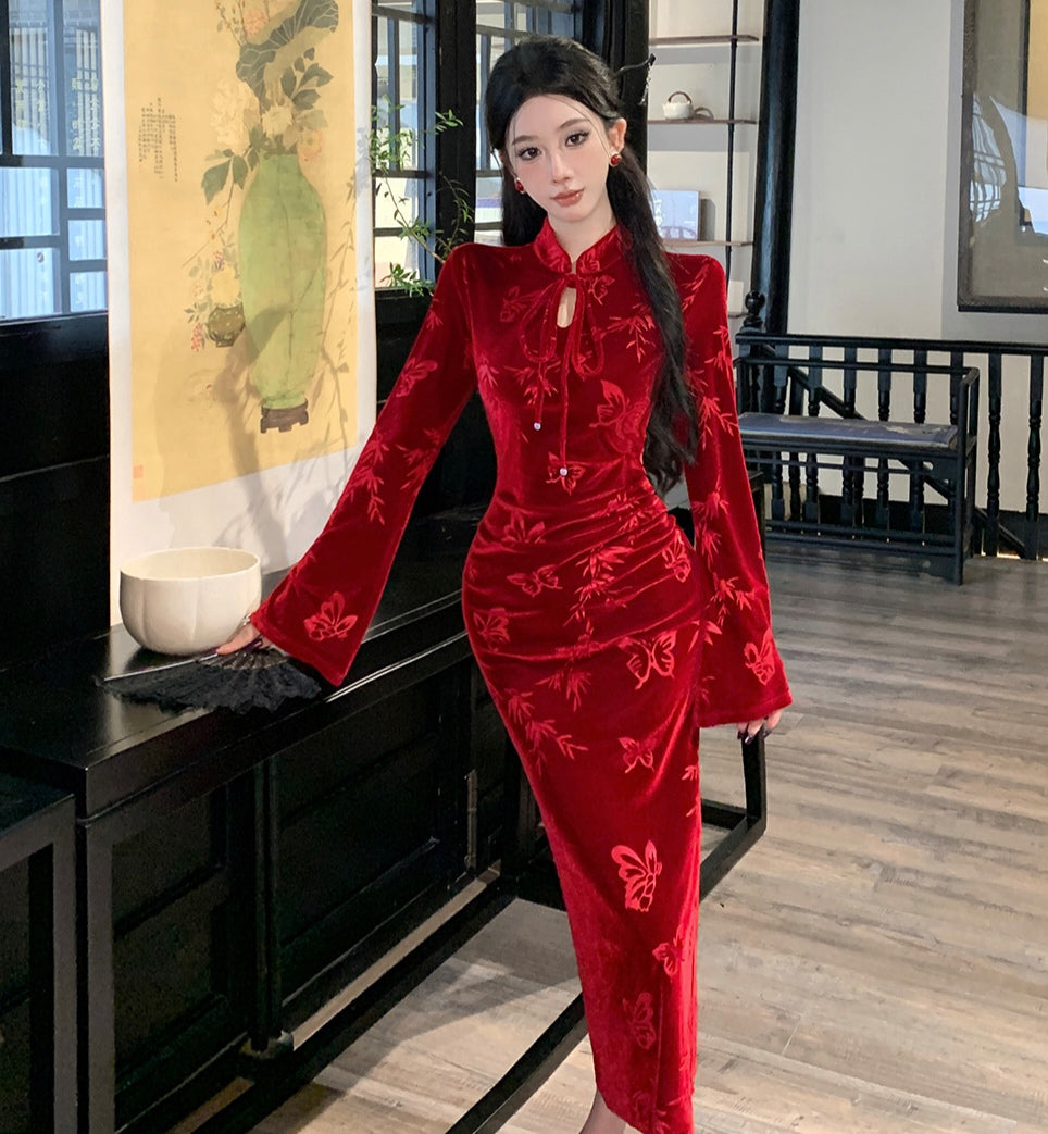 Red Velvet Cheongsam Slim Dress