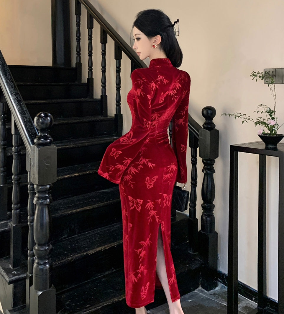 Red Velvet Cheongsam Slim Dress