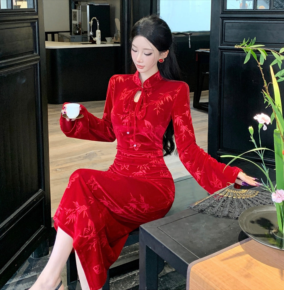 Red Velvet Cheongsam Slim Dress