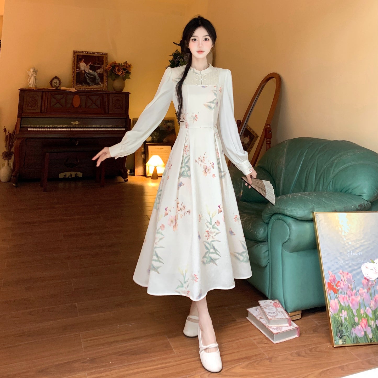 Floral Off White Mid length Cheongsam Dress