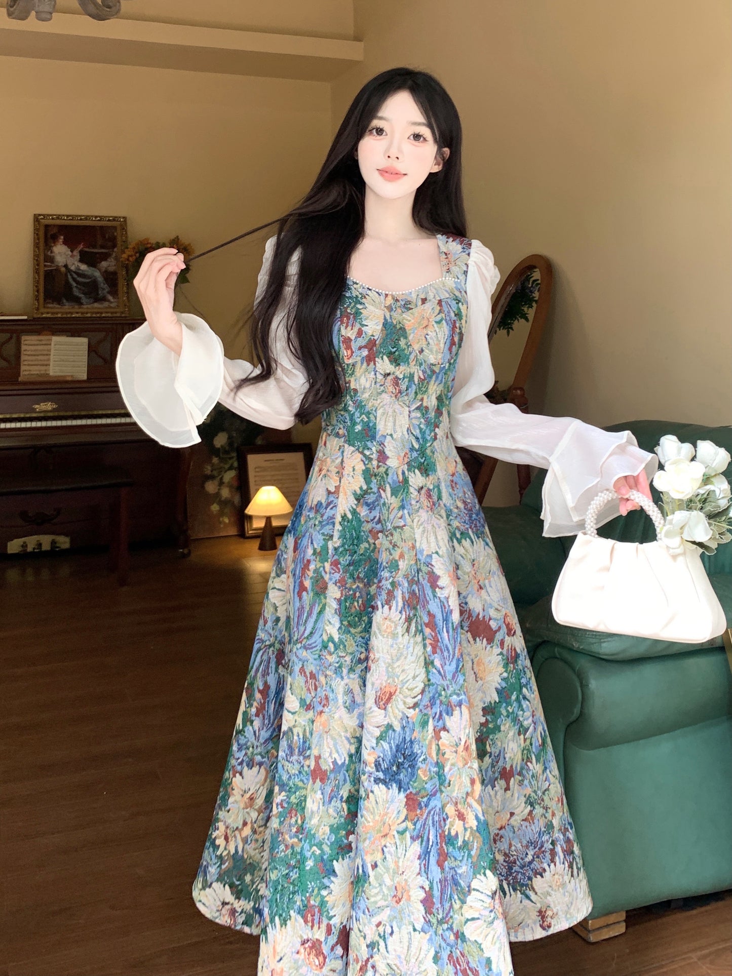 Floral Square Neck Elegant Floral Dress