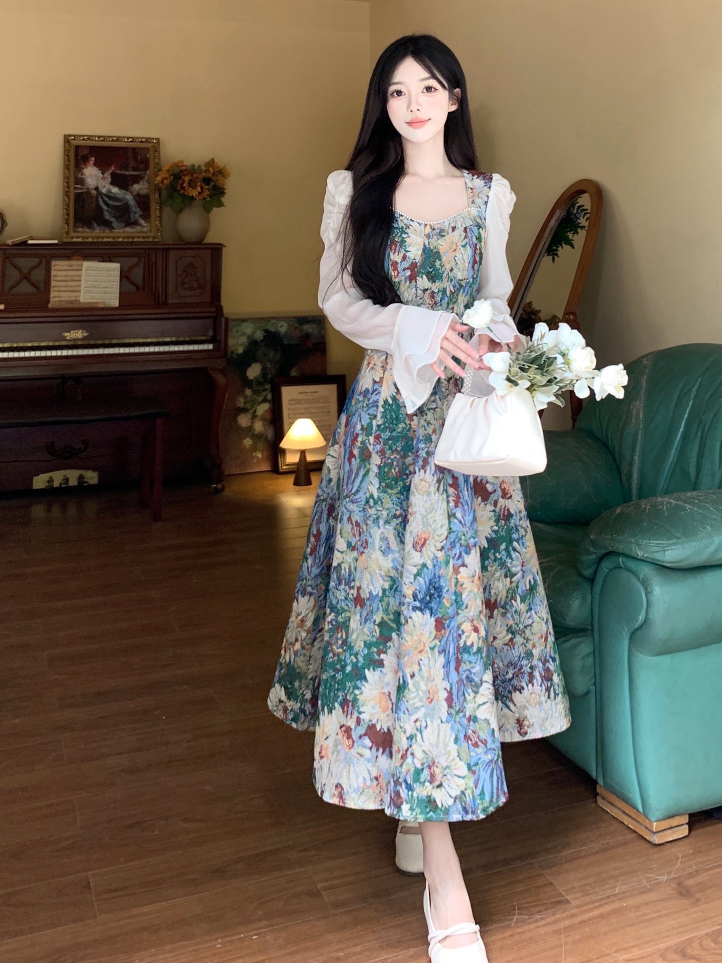 Floral Square Neck Elegant Floral Dress