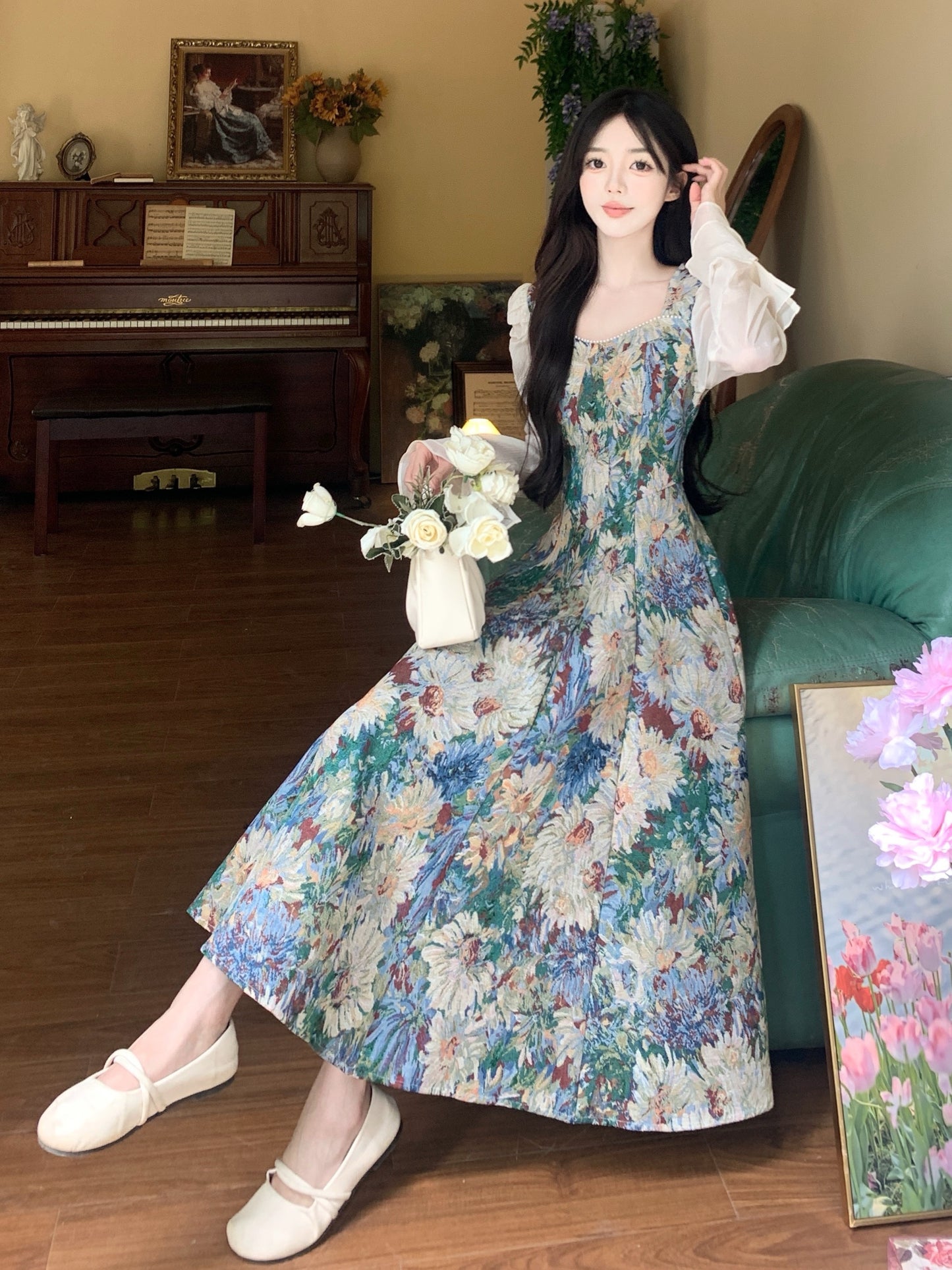 Floral Square Neck Elegant Floral Dress