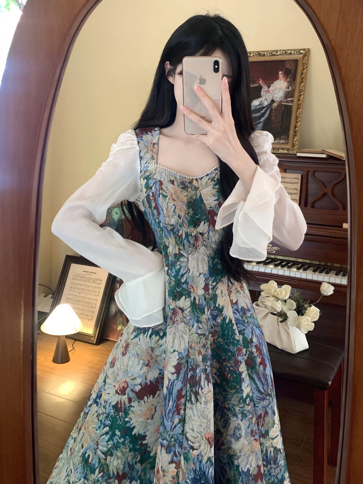 Floral Square Neck Elegant Floral Dress