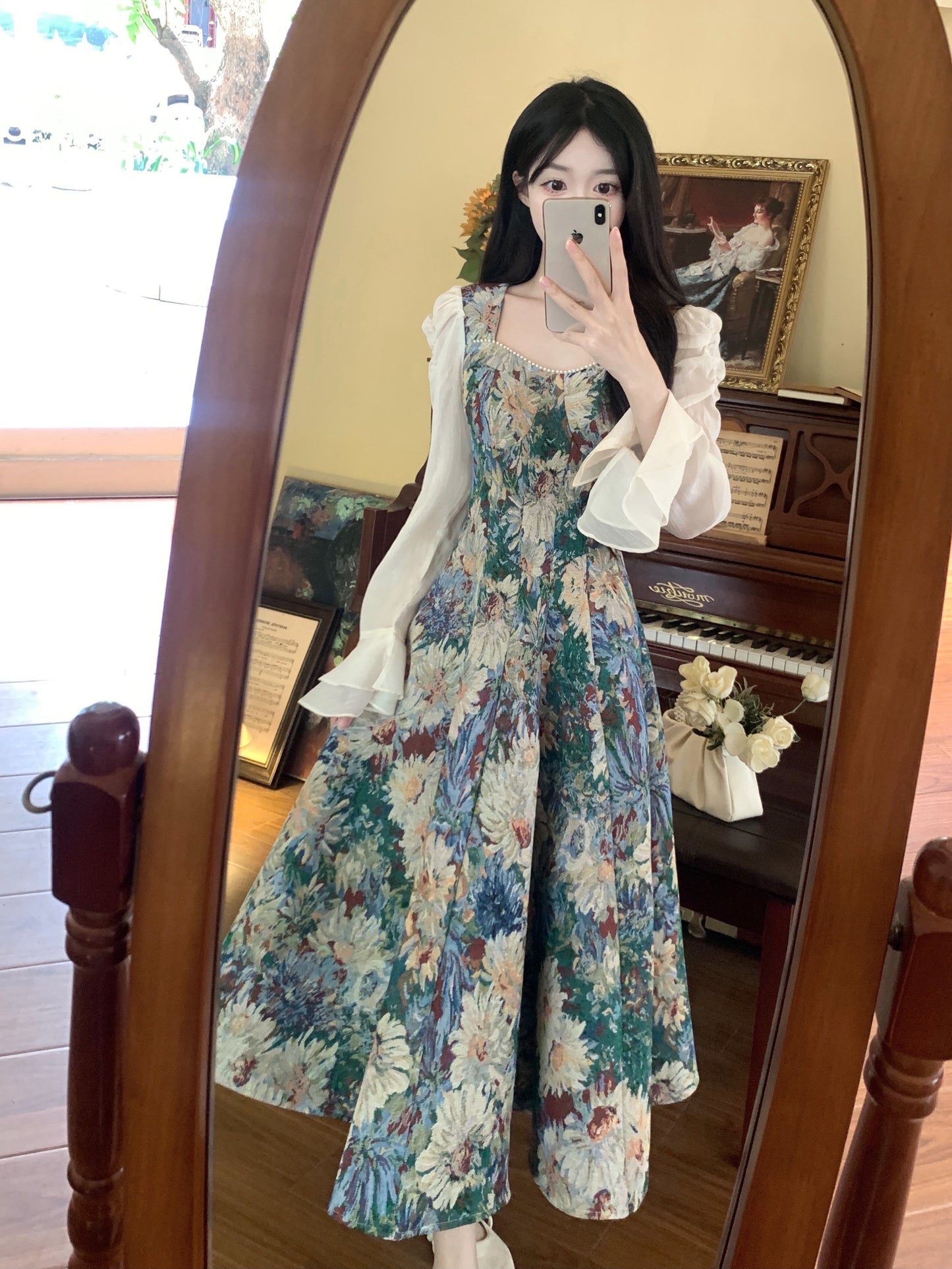 Floral Square Neck Elegant Floral Dress