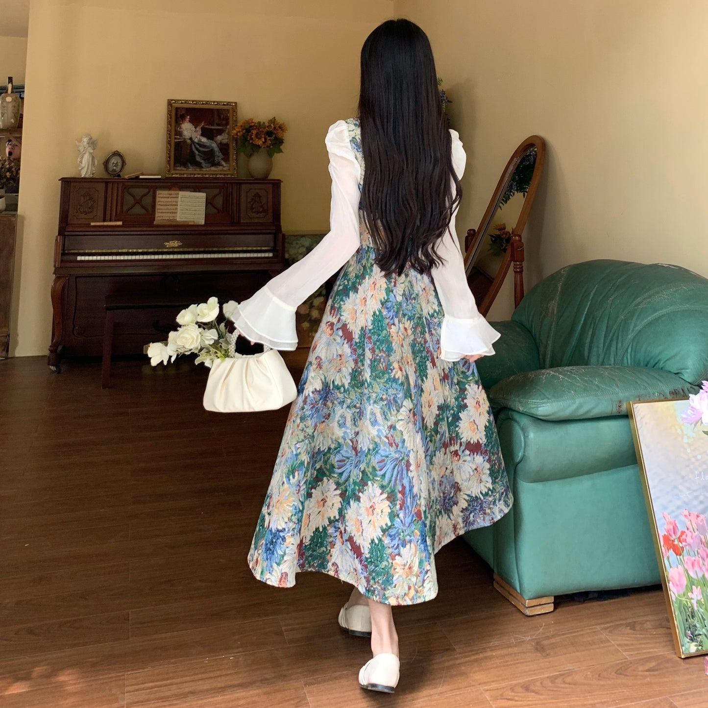Floral Square Neck Elegant Floral Dress