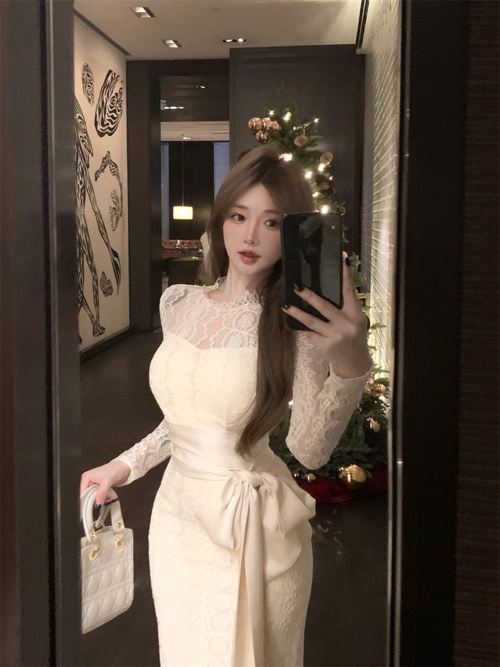Beige Color Lace Hollow Elegant Fashion Slim Dress