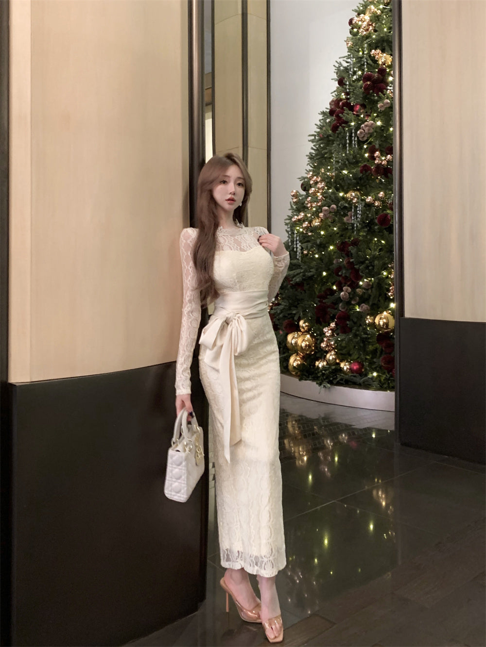 Beige Color Lace Hollow Elegant Fashion Slim Dress
