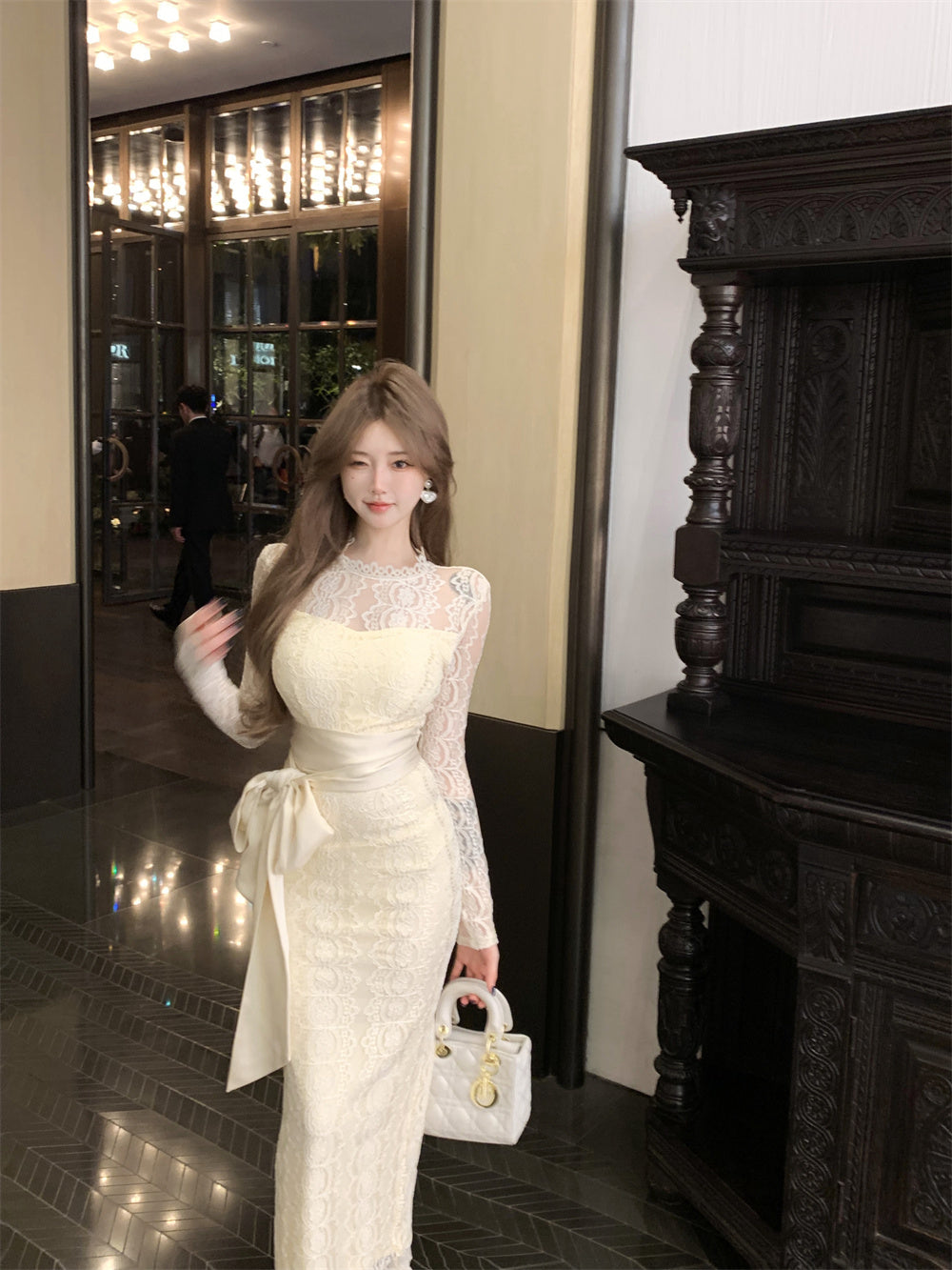 Beige Color Lace Hollow Elegant Fashion Slim Dress