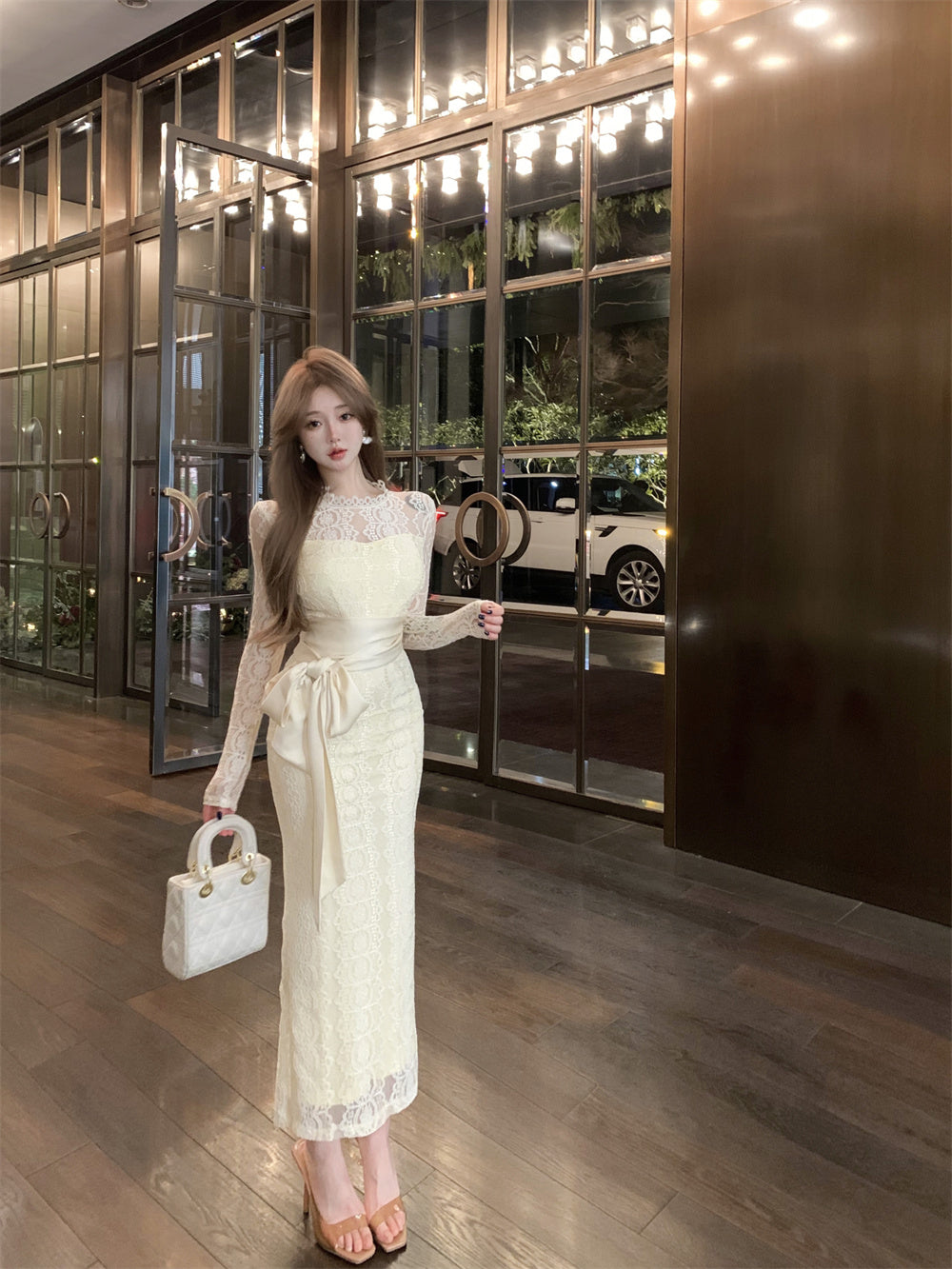 Beige Color Lace Hollow Elegant Fashion Slim Dress