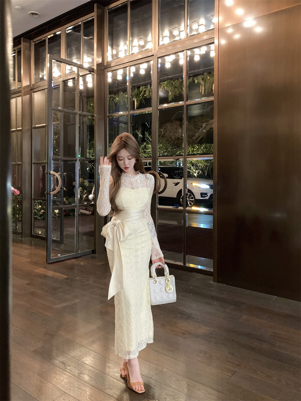 Beige Color Lace Hollow Elegant Fashion Slim Dress
