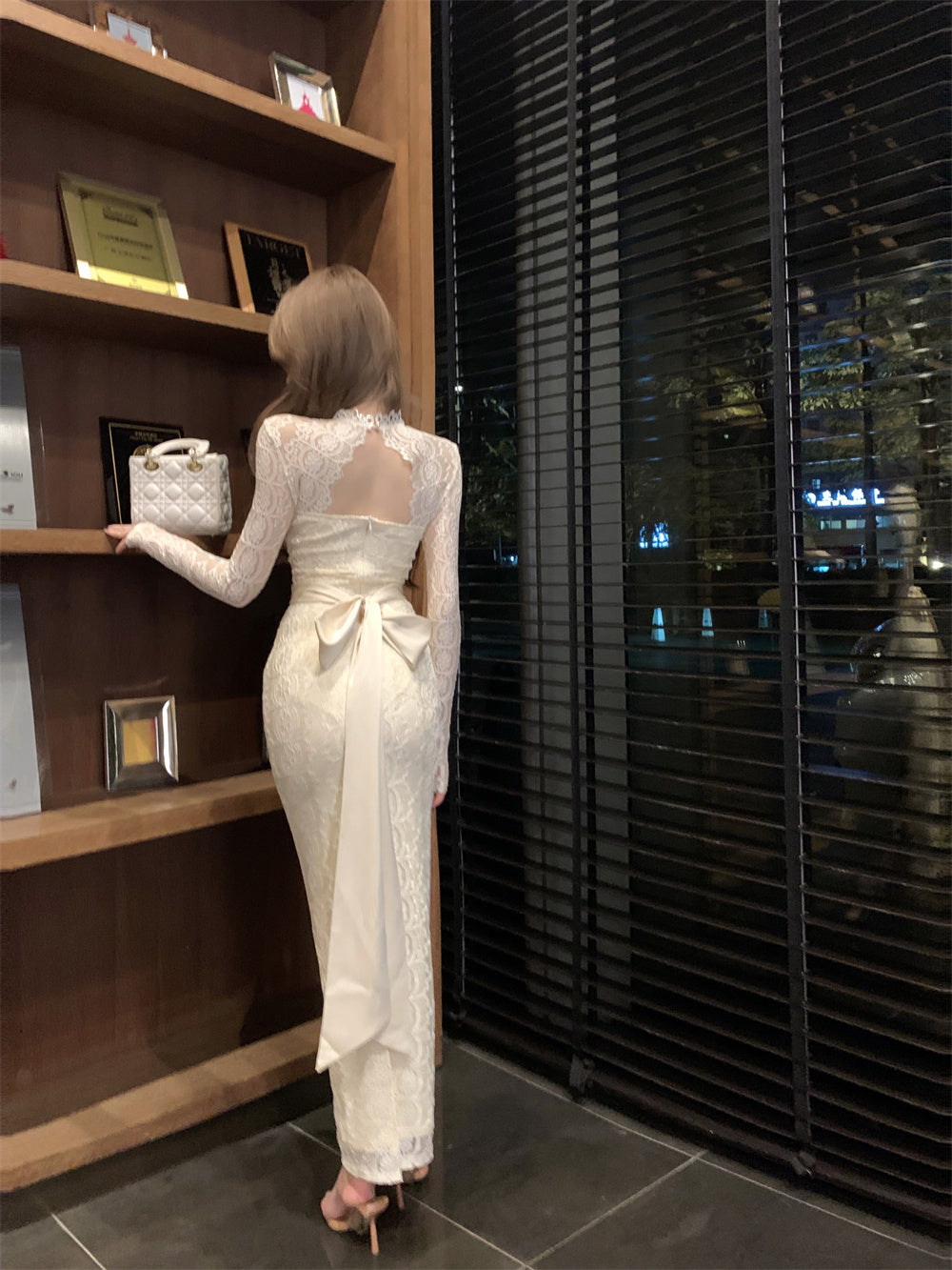 Beige Color Lace Hollow Elegant Fashion Slim Dress