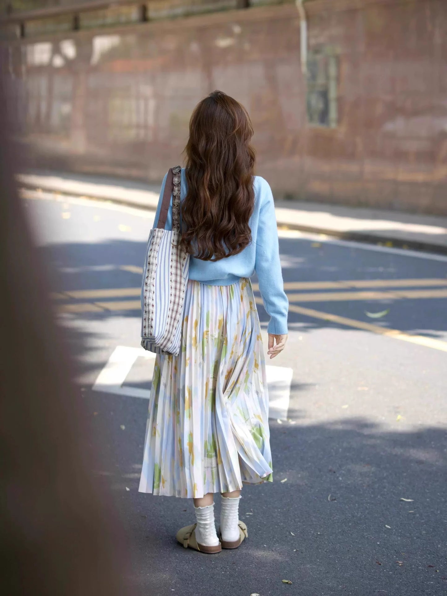 Blue Cardigan + Floral Pleated Skirt Two Pieces Set