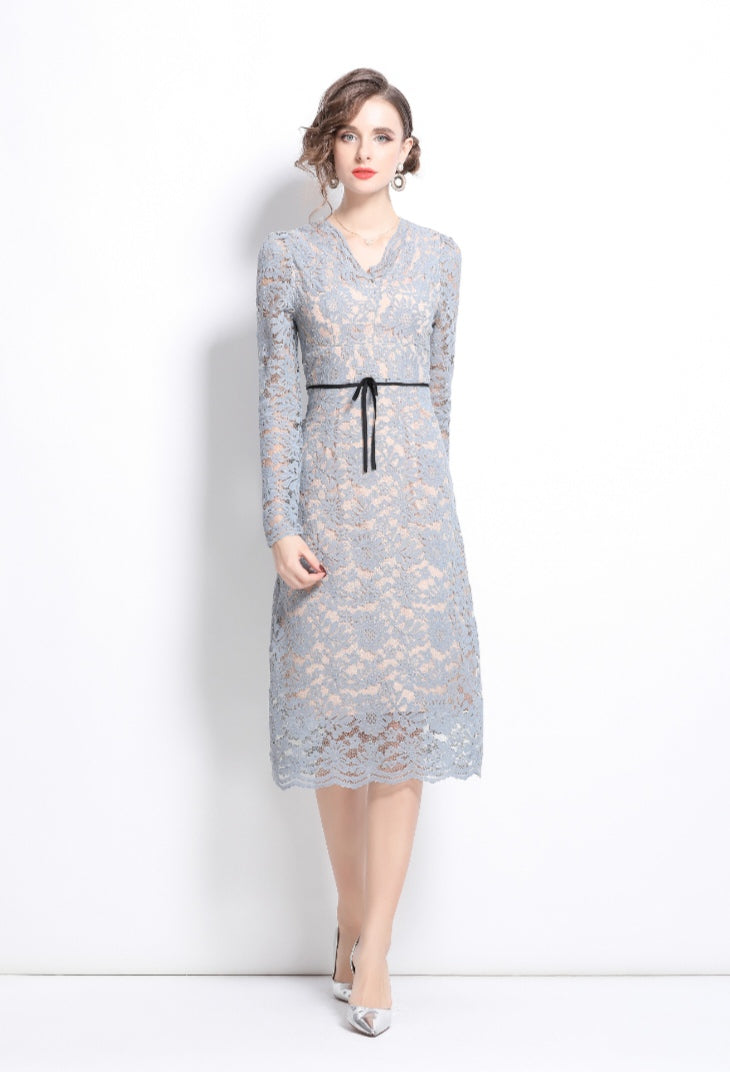 Light Blue V-neck Lace Elegant Dress