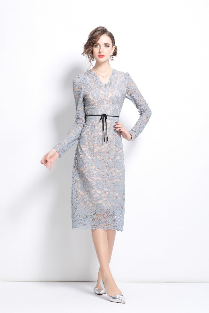 Light Blue V-neck Lace Elegant Dress