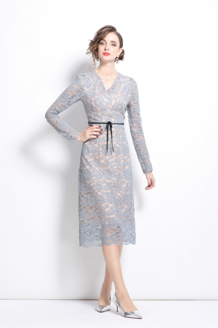 Light Blue V-neck Lace Elegant Dress