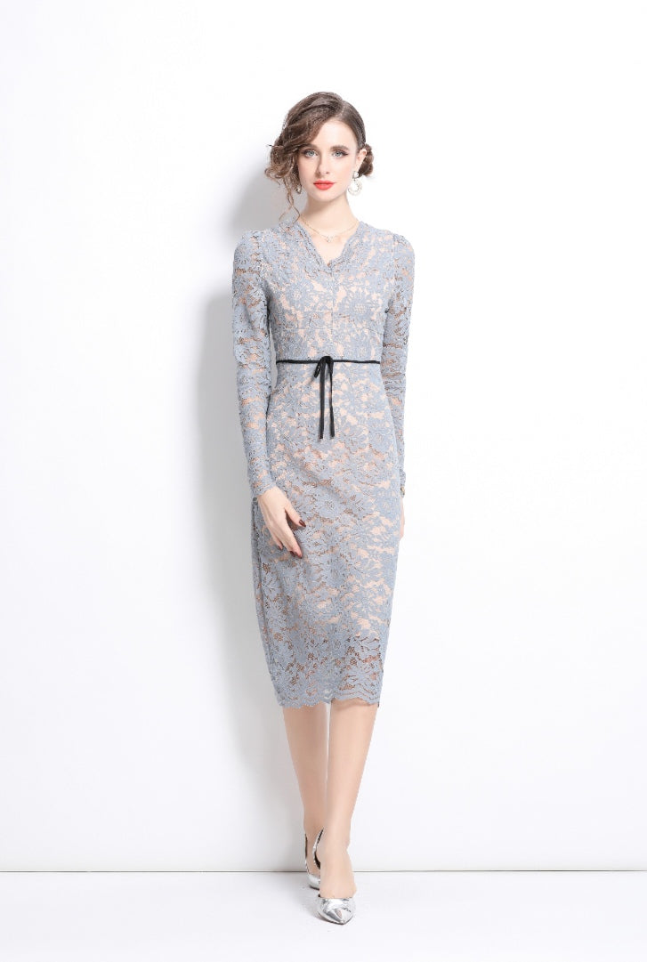 Light Blue V-neck Lace Elegant Dress
