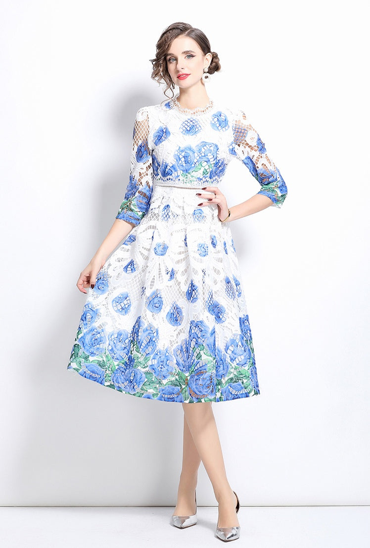 Blue And White Floral Lace Dress