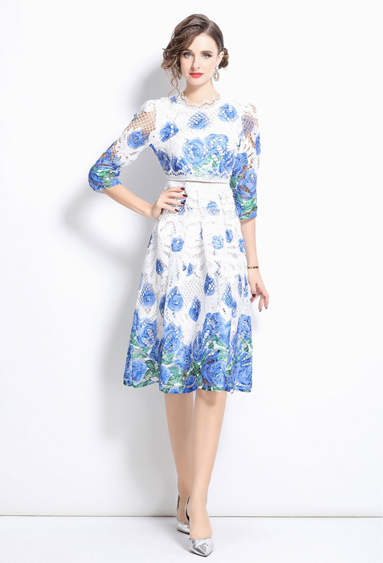 Blue And White Floral Lace Dress