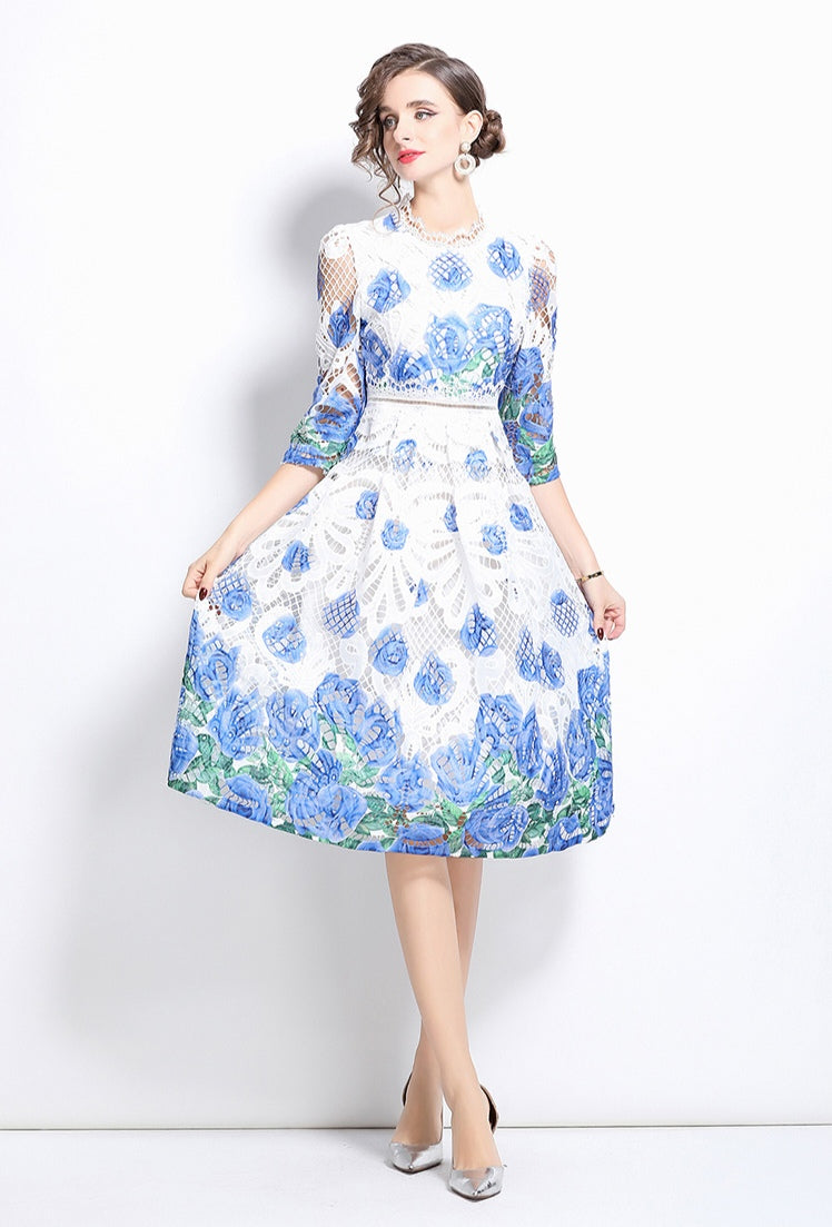 Blue And White Floral Lace Dress