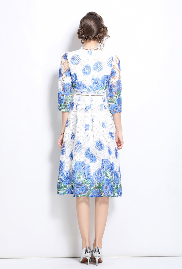 Blue And White Floral Lace Dress