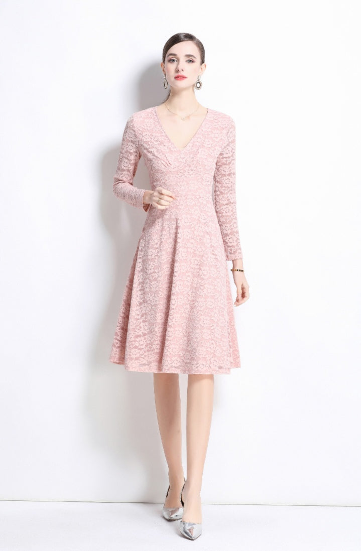 Pink Long Sleeve Lace Fashionable Dress