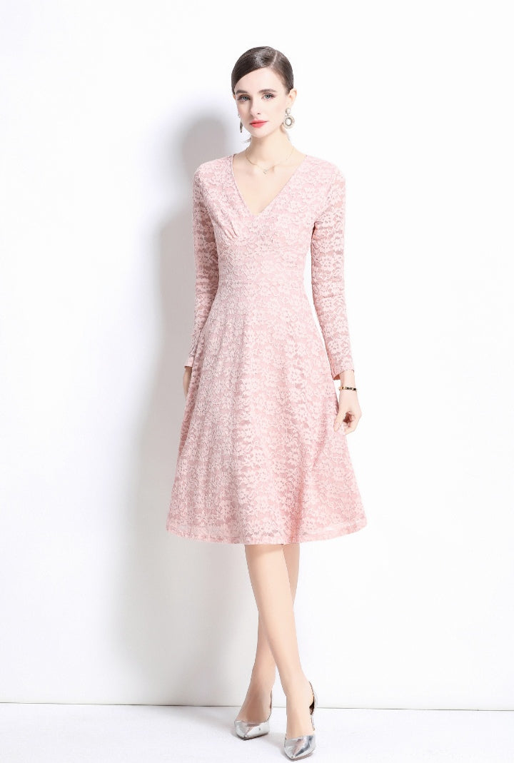 Pink Long Sleeve Lace Fashionable Dress