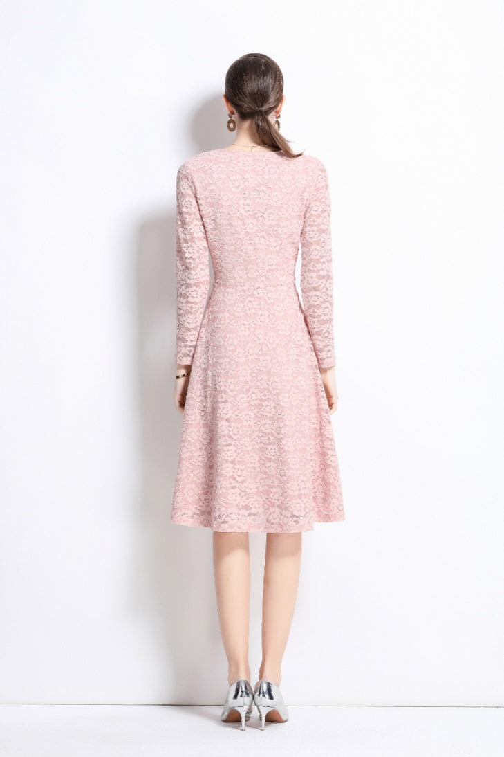 Pink Long Sleeve Lace Fashionable Dress
