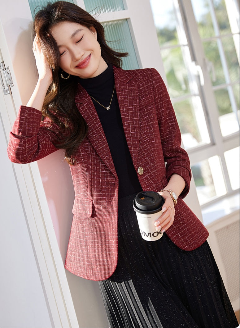 Fashionable Women's Cotton Tweed Plaid Suit Jacket