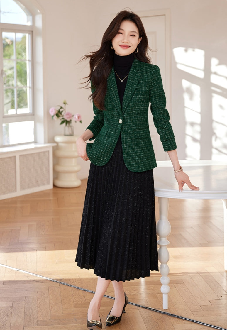 Fashionable Women's Cotton Tweed Plaid Suit Jacket