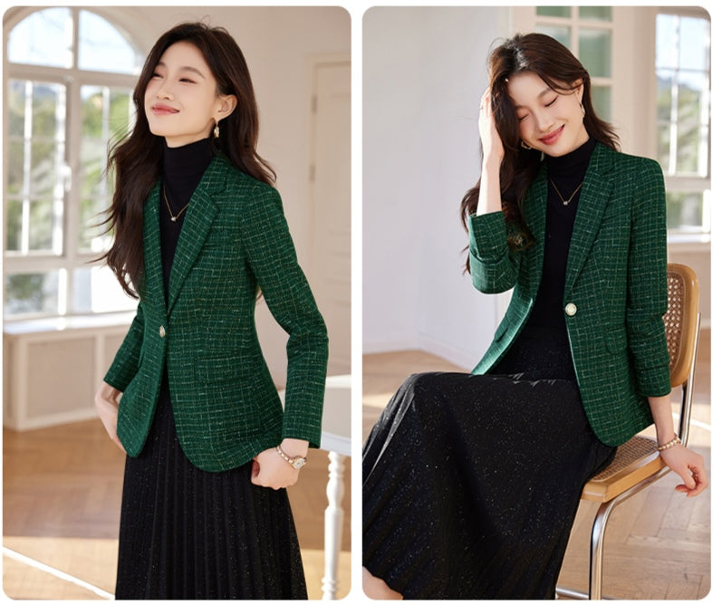 Fashionable Women's Cotton Tweed Plaid Suit Jacket