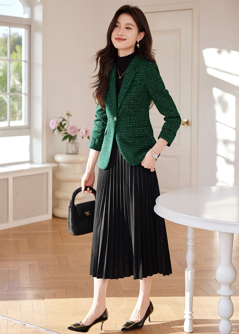 Fashionable Women's Cotton Tweed Plaid Suit Jacket