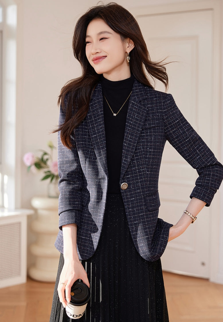 Fashionable Women's Cotton Tweed Plaid Suit Jacket