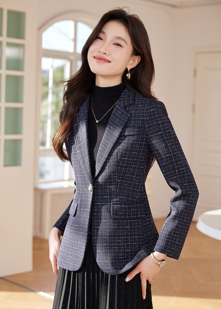 Fashionable Women's Cotton Tweed Plaid Suit Jacket